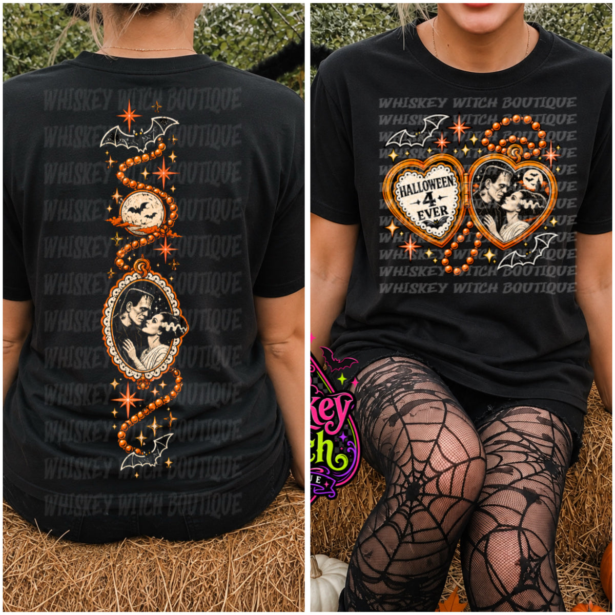 Vintage-inspired monster couple Halloween tee or sweatshirt with retro orange, cream & black artwork. For spooky girls who celebrate Halloween 4 Ever.