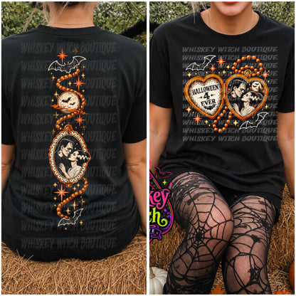 Vintage-inspired monster couple Halloween tee or sweatshirt with retro orange, cream & black artwork. For spooky girls who celebrate Halloween 4 Ever.