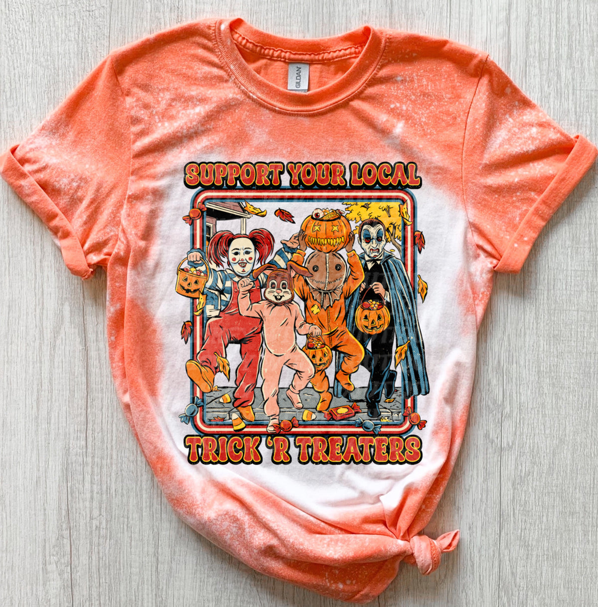 Retro Halloween Trick or Treaters bleached  tshirt (unisex)