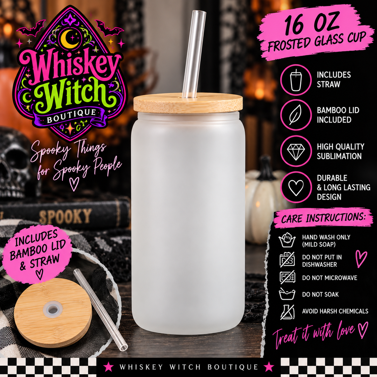 Boo’s Diner 16 oz Frosted Glass Cup | Retro Ghost Halloween Glass Cup | Spooky Cup with Bamboo Lid & Straw