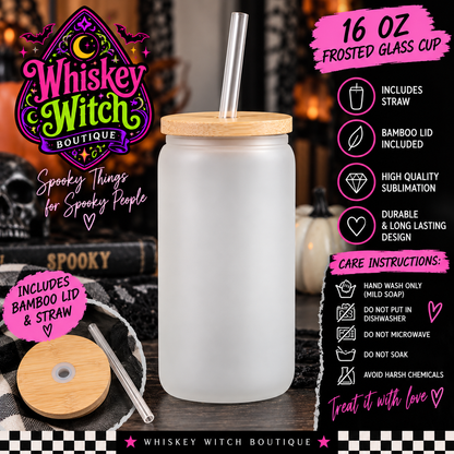Boo’s Diner 16 oz Frosted Glass Cup | Retro Ghost Halloween Glass Cup | Spooky Cup with Bamboo Lid & Straw