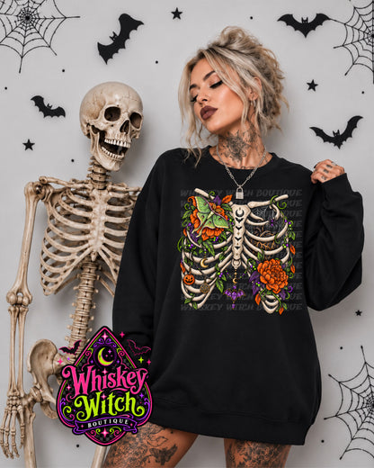Witchy Ribcage Luna Moth Shirt – Gothic Floral Skeleton Tee, Crewneck Sweatshirt or Hoodie