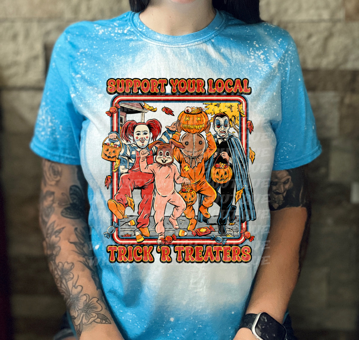 Retro Halloween Trick or Treaters bleached  tshirt (unisex)