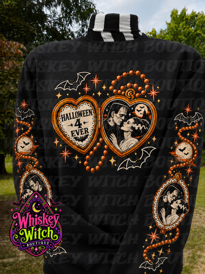 Vintage-inspired monster couple Halloween tee or sweatshirt with retro orange, cream & black artwork. For spooky girls who celebrate Halloween 4 Ever.