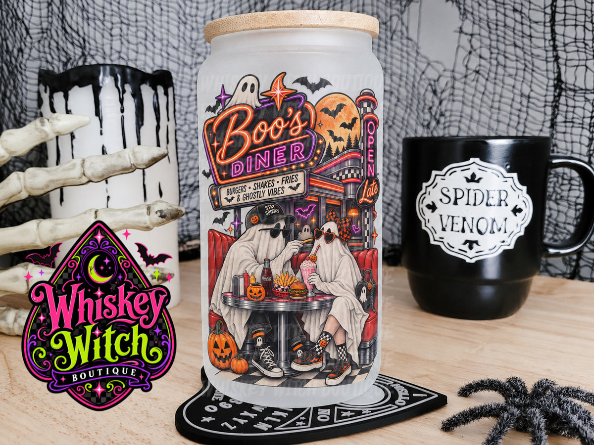Boo’s Diner 16 oz Frosted Glass Cup | Retro Ghost Halloween Glass Cup | Spooky Cup with Bamboo Lid & Straw