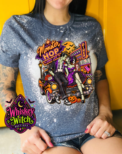 Monster Hop Halloween Shirt | Retro Frankenstein & Bride Diner Tee | Bleached Halloween T-Shirt