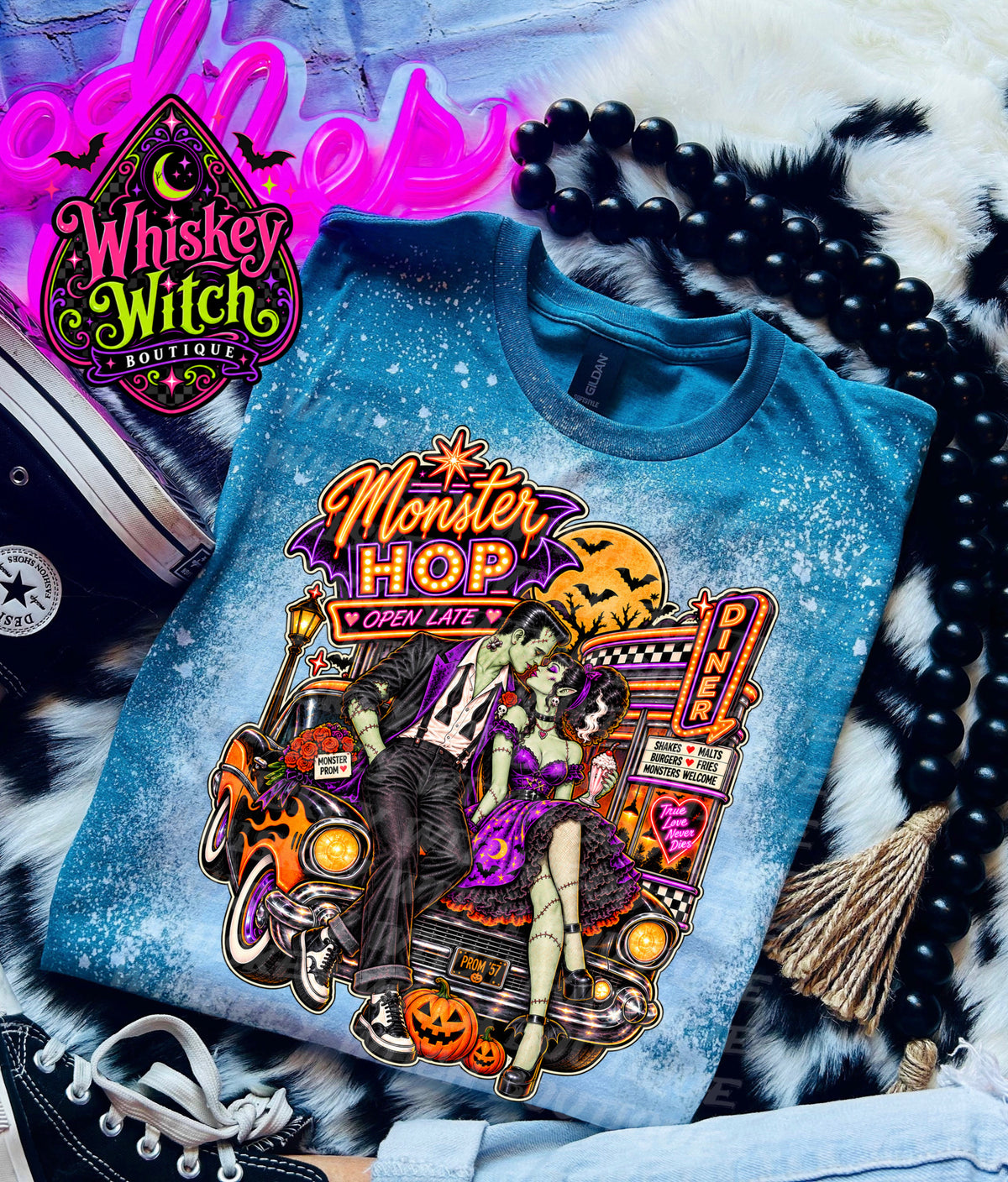 Monster Hop Halloween Shirt | Retro Frankenstein & Bride Diner Tee | Bleached Halloween T-Shirt