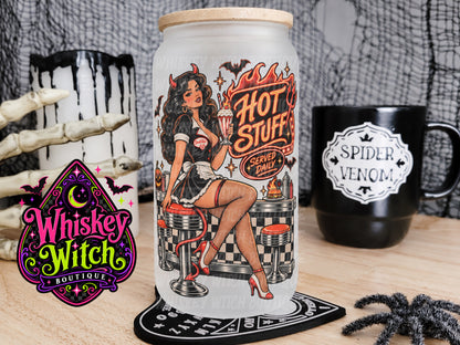 Hot Stuff 16 oz Frosted Glass Cup | Retro Devil Girl Halloween Glass Cup | Spooky Cup with Bamboo Lid & Straw