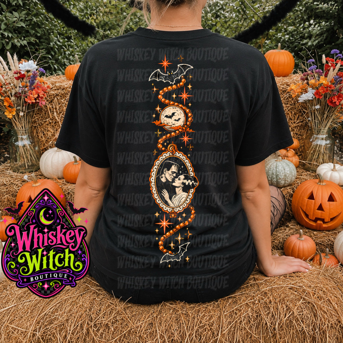 Vintage-inspired monster couple Halloween tee or sweatshirt with retro orange, cream & black artwork. For spooky girls who celebrate Halloween 4 Ever.