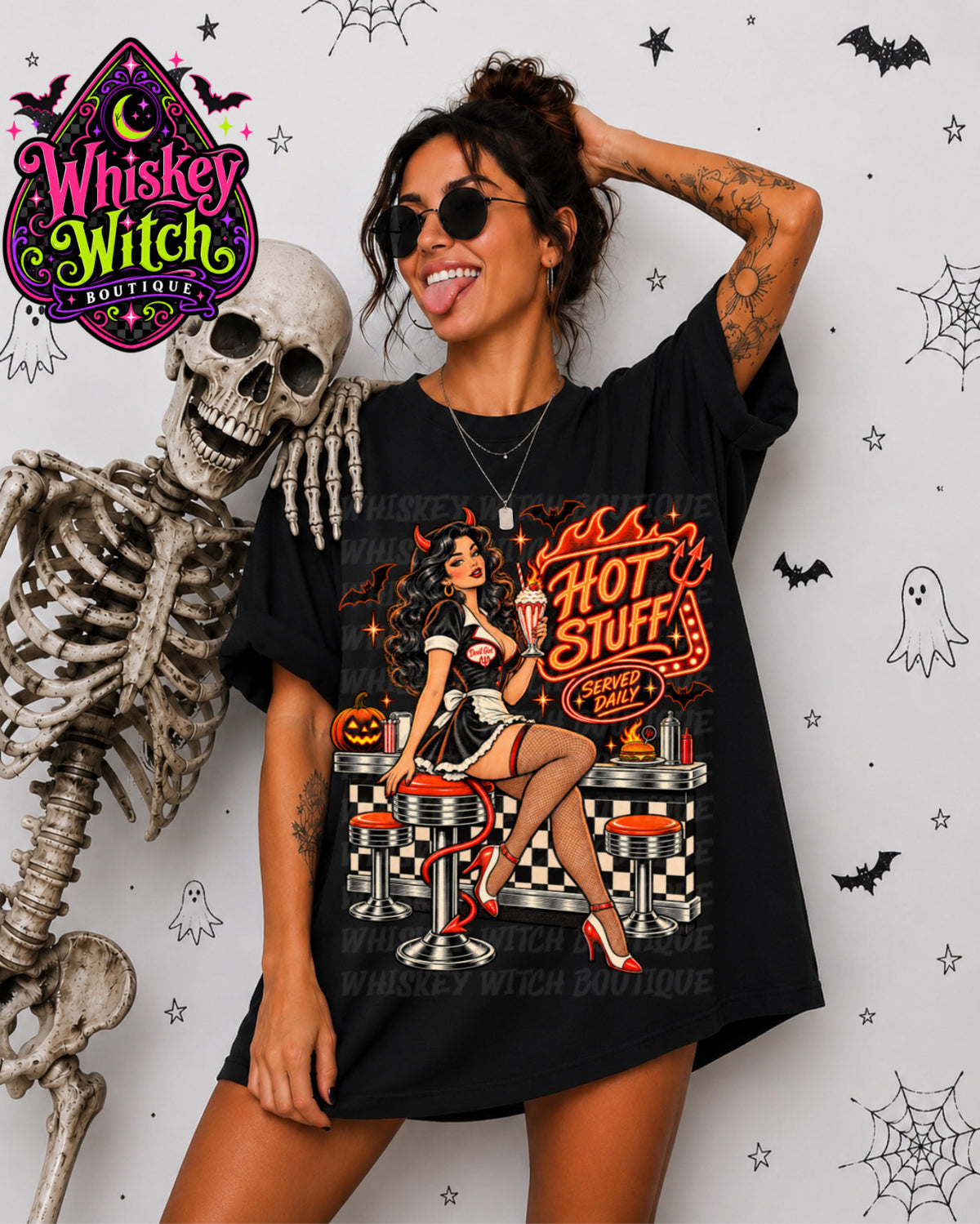 Hot Stuff Halloween Shirt or Sweatshirt | Retro Devil Girl Diner Tee | Vintage Spooky Pinup Halloween Top