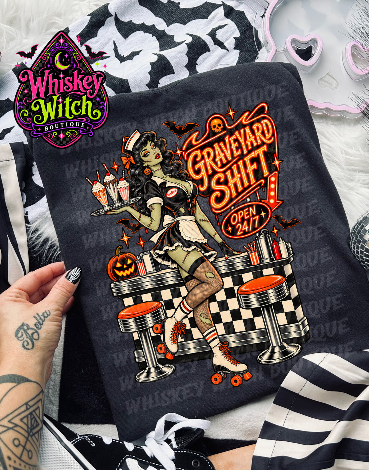 Graveyard Shift Halloween Shirt or Sweatshirt | Zombie Waitress Spooky Diner Tee | Retro Horror Halloween Apparel