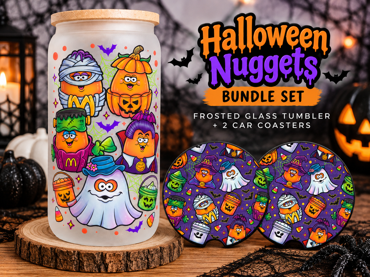 Halloween Nuggets Bundle Set – Frosted Glass Tumbler + 2 Car Coasters