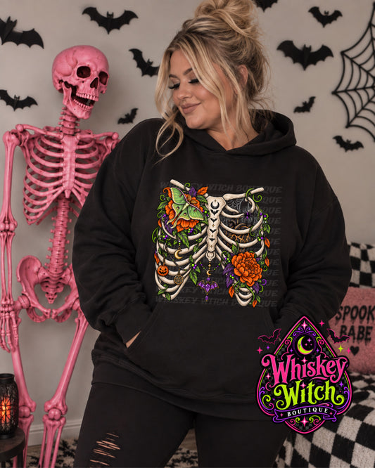 Witchy Ribcage Luna Moth Shirt – Gothic Floral Skeleton Tee, Crewneck Sweatshirt or Hoodie