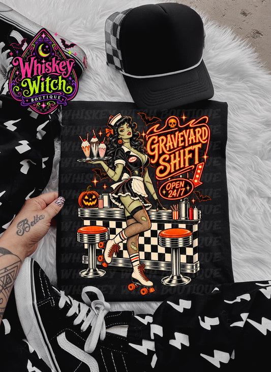 Graveyard Shift Halloween Shirt or Sweatshirt | Zombie Waitress Spooky Diner Tee | Retro Horror Halloween Apparel
