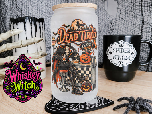 Dead Tired Coffee Required 16 oz Frosted Glass Cup | Headless Horseman Halloween Cup | Spooky Glass Cup with Bamboo Lid & Straw