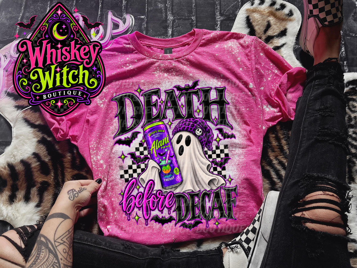 Death Before Decaf Ghost Shirt | Bleached Spooky Halloween Tee