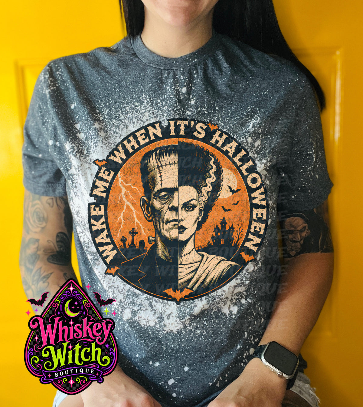 Hand-bleached vintage monster couple Halloween graphic tee with retro horror-poster design in orange, cream, and charcoal
