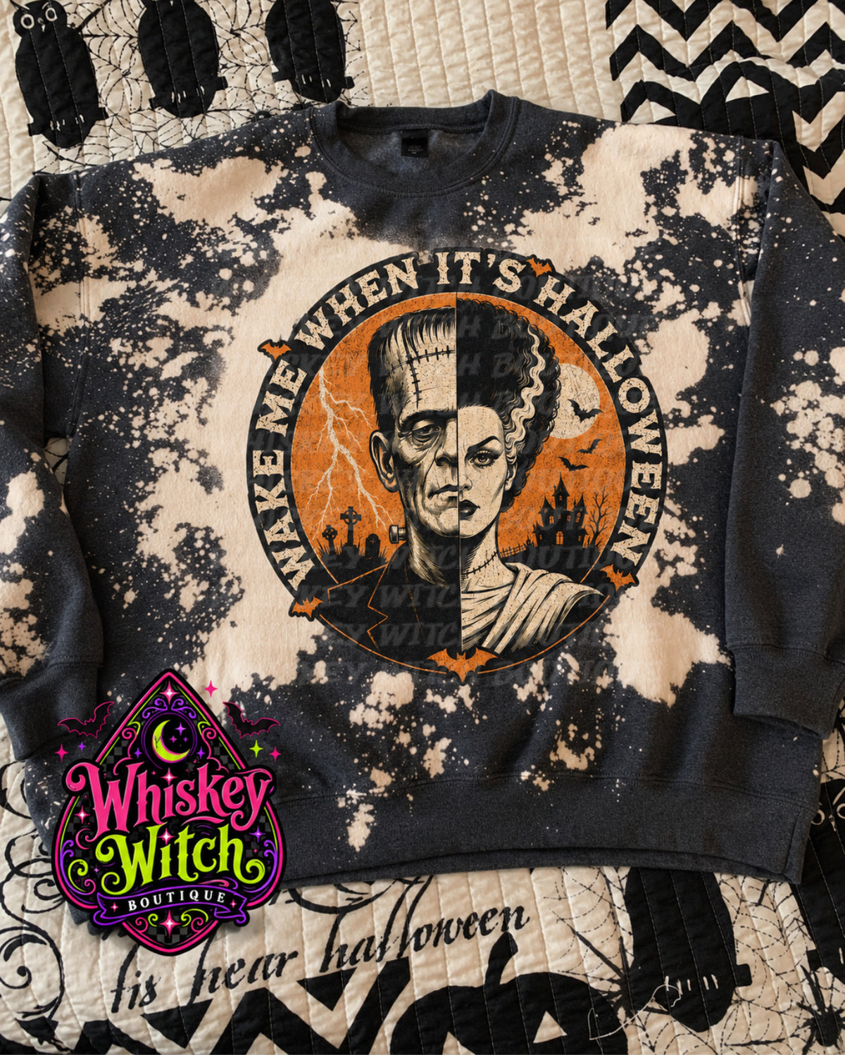 Hand-bleached vintage monster couple Halloween graphic tee with retro horror-poster design in orange, cream, and charcoal
