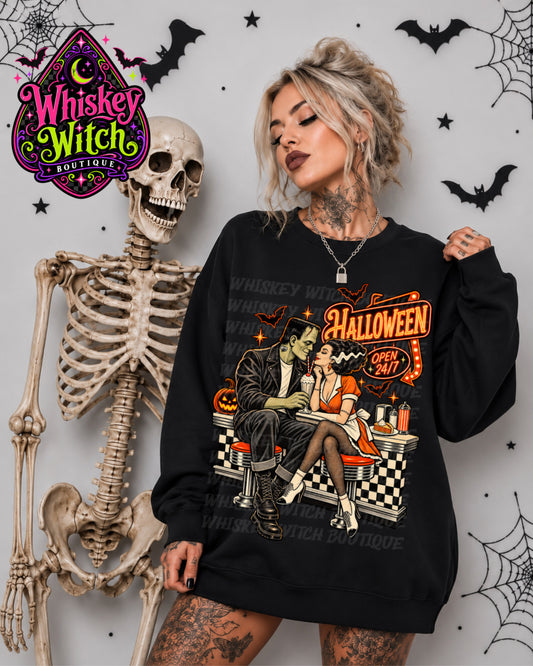 Halloween Open 24/7 Shirt or Sweatshirt | Retro Frankenstein & Bride Diner Tee | Vintage Horror Halloween Top