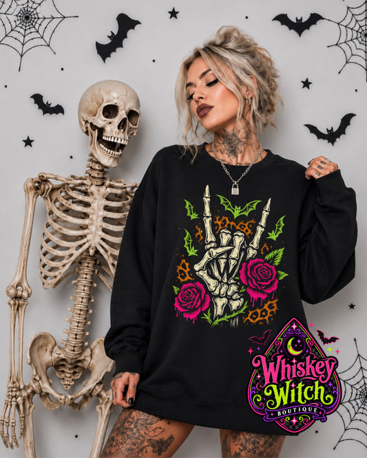 Skeleton Rock Hand Shirt, Neon Goth Graphic Tee, Witchy Alternative Clothing