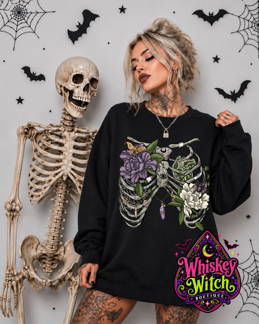 Witchy Skeleton Floral Shirt – Gothic Rib Cage Tee, Sweatshirt or Hoodie | Spooky Halloween Graphic Top