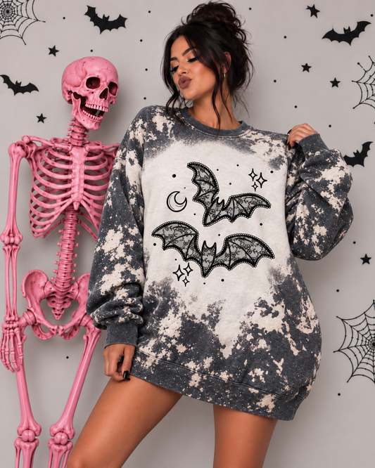 Lace Bat Sweatshirt, Bleached Halloween Crewneck | Gothic Floral Bat Graphic