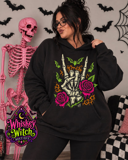 Skeleton Rock Hand Shirt, Neon Goth Graphic Tee, Witchy Alternative Clothing