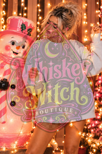 Christmas Sweatshirt Mockup | Gildan 18000 Ash Crewneck | Pink Snowman Holiday Digital Mockup