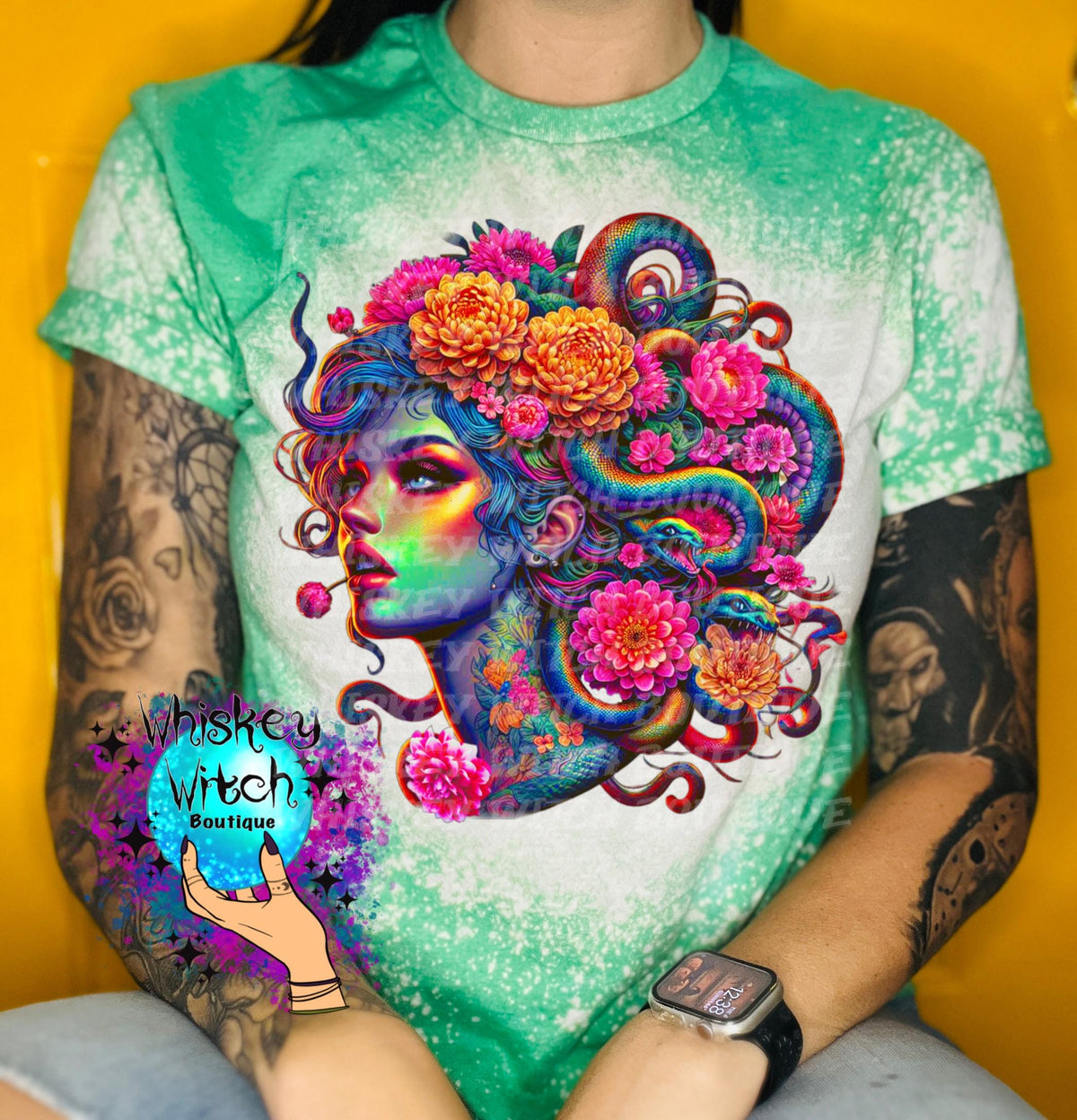 Medusa Bleached Shirt | Greek Goddess Graphic Tee | Psychedelic Snake Hair Art Shirt | Neon Fantasy Mythology Tee | Bold Colorful Bleach Dye Top