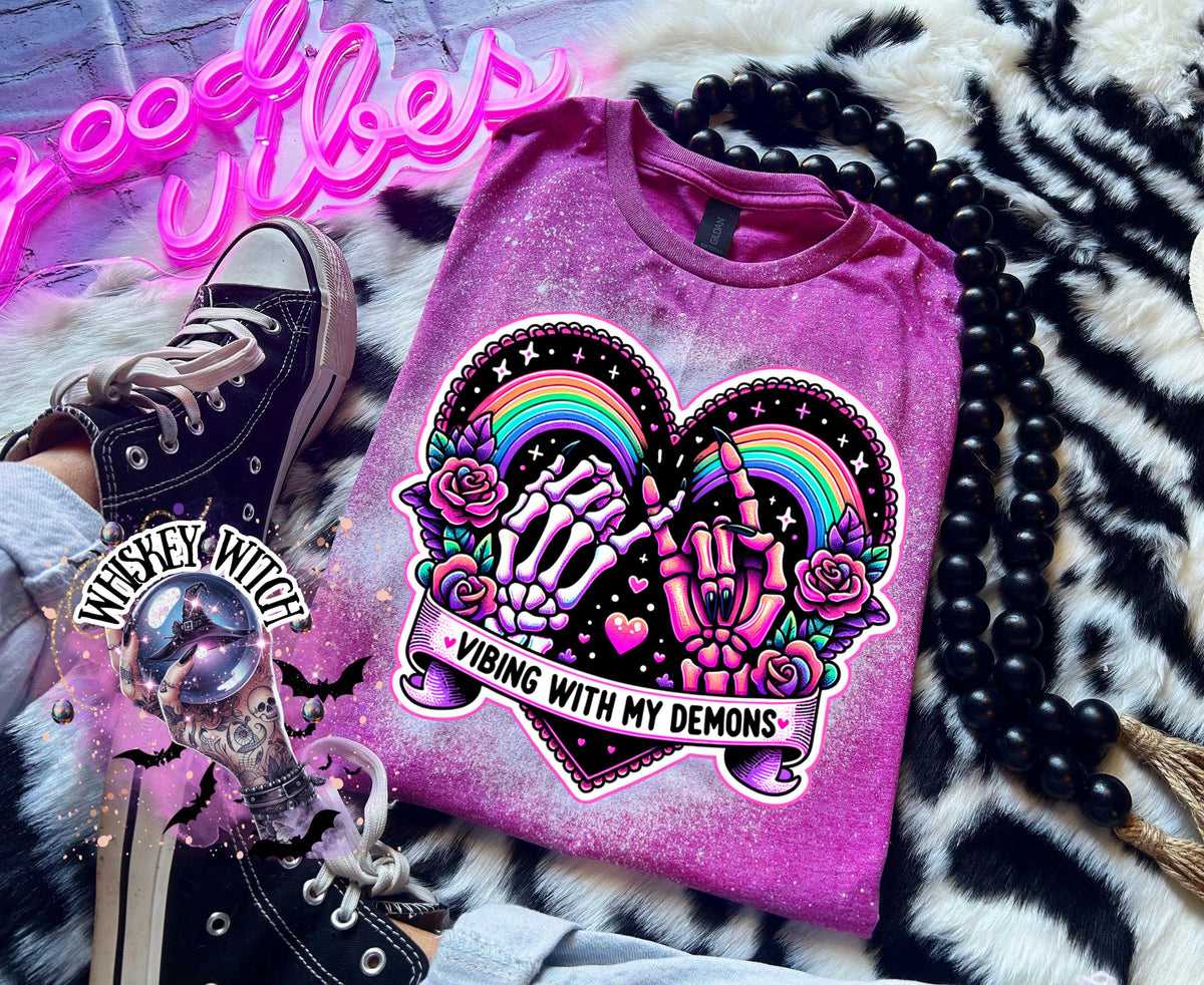 Vibing With My Demons Shirt | Gothic Rainbow Skeleton Hands Tee | Bleached Sublimation Shirt | Creepy Cute Aesthetic T-Shirt | soft tee