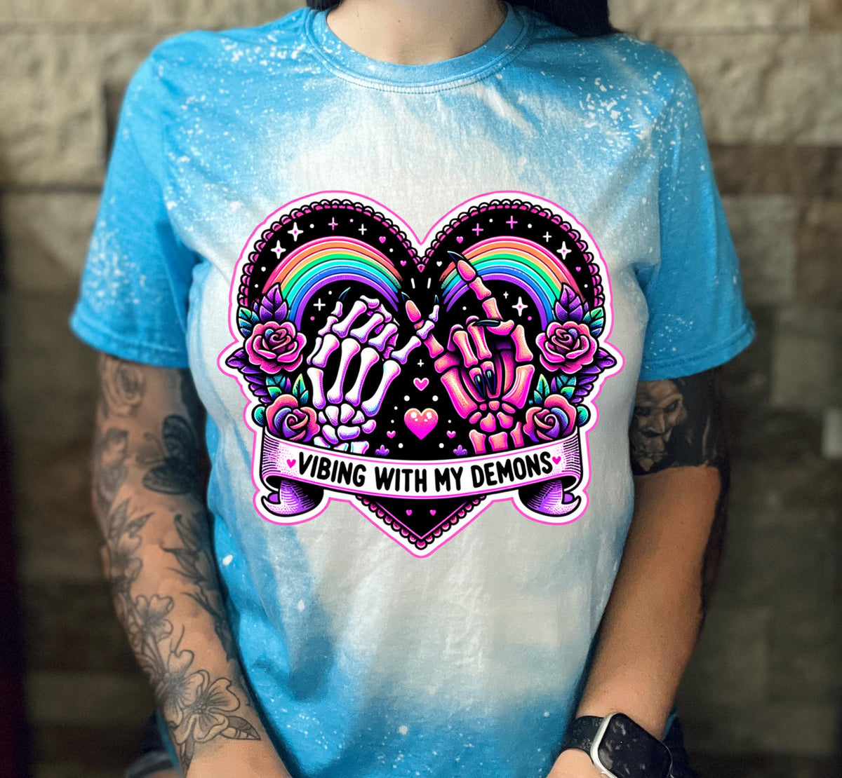 Vibing With My Demons Shirt | Gothic Rainbow Skeleton Hands Tee | Bleached Sublimation Shirt | Creepy Cute Aesthetic T-Shirt | soft tee'.