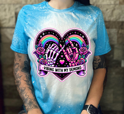 Vibing With My Demons Shirt | Gothic Rainbow Skeleton Hands Tee | Bleached Sublimation Shirt | Creepy Cute Aesthetic T-Shirt | soft tee'.