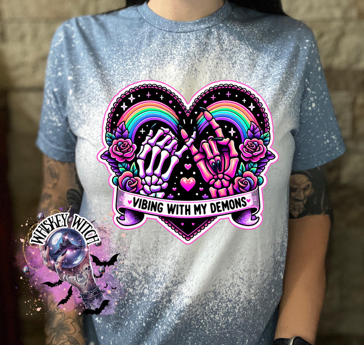 Vibing With My Demons Shirt | Gothic Rainbow Skeleton Hands Tee | Bleached Sublimation Shirt | Creepy Cute Aesthetic T-Shirt | soft tee