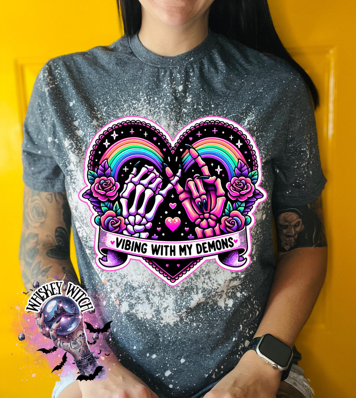 Vibing With My Demons Shirt | Gothic Rainbow Skeleton Hands Tee | Bleached Sublimation Shirt | Creepy Cute Aesthetic T-Shirt | soft tee