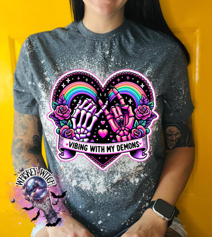 Vibing With My Demons Shirt | Gothic Rainbow Skeleton Hands Tee | Bleached Sublimation Shirt | Creepy Cute Aesthetic T-Shirt | soft tee