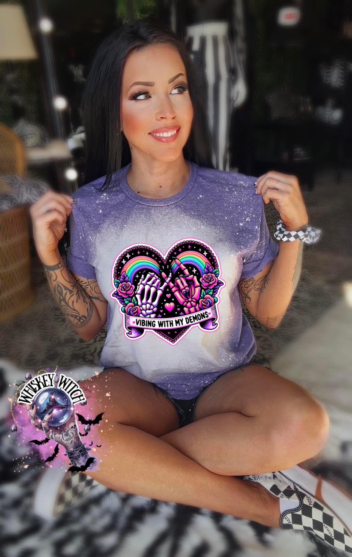 Vibing With My Demons Shirt | Gothic Rainbow Skeleton Hands Tee | Bleached Sublimation Shirt | Creepy Cute Aesthetic T-Shirt | soft tee