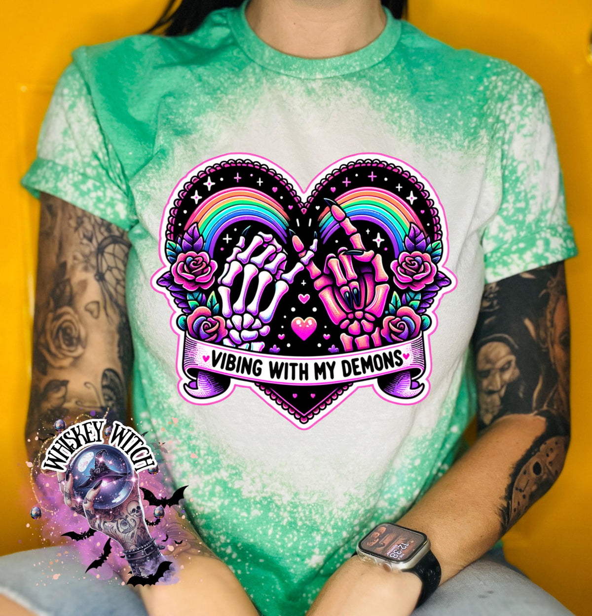 Vibing With My Demons Shirt | Gothic Rainbow Skeleton Hands Tee | Bleached Sublimation Shirt | Creepy Cute Aesthetic T-Shirt | soft tee