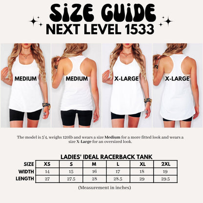 White racerback tank top size guide with measurements in inches. The guide includes sizes XS to 2XL, with width measurements from 14 to 19 inches and lengths from 27 to 29.5 inches. The text "SIZE GUIDE NEXT LEVEL 1533" is at the top.