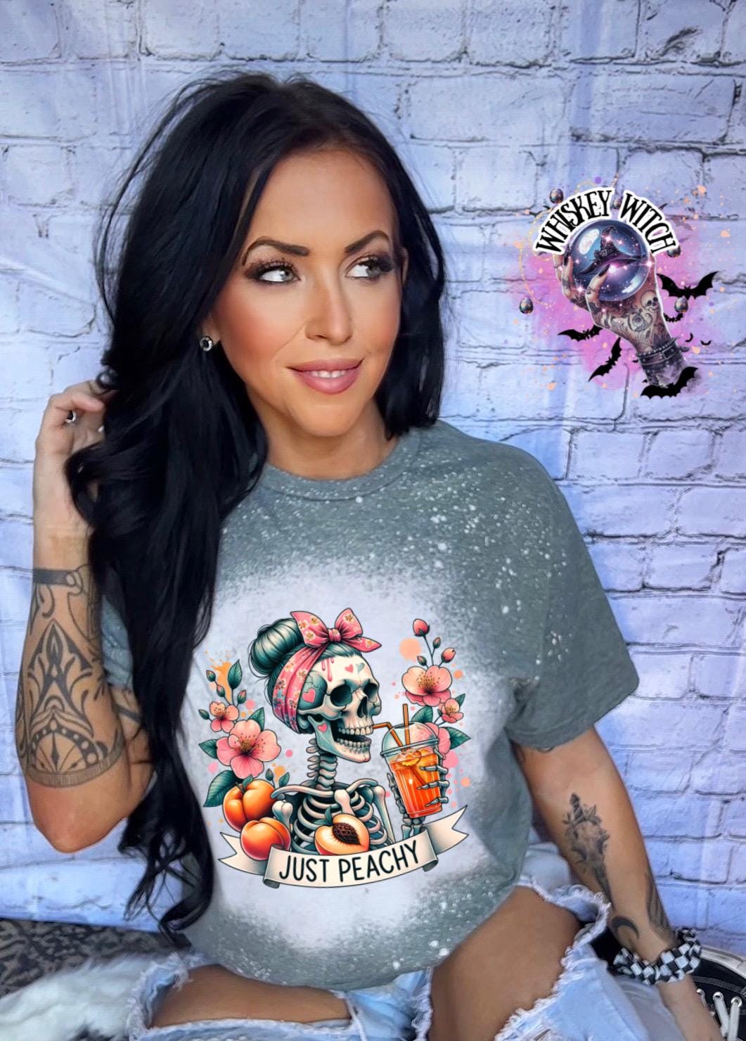 Just Peachy Skeleton Shirt, Hand Bleached Peach Tee, Spooky Cute Summer Graphic T-Shirt, Gildan Unisex