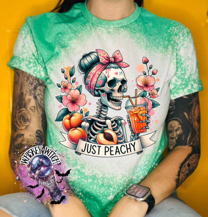 Just Peachy Skeleton Shirt, Hand Bleached Peach Tee, Spooky Cute Summer Graphic T-Shirt, Gildan Unisex
