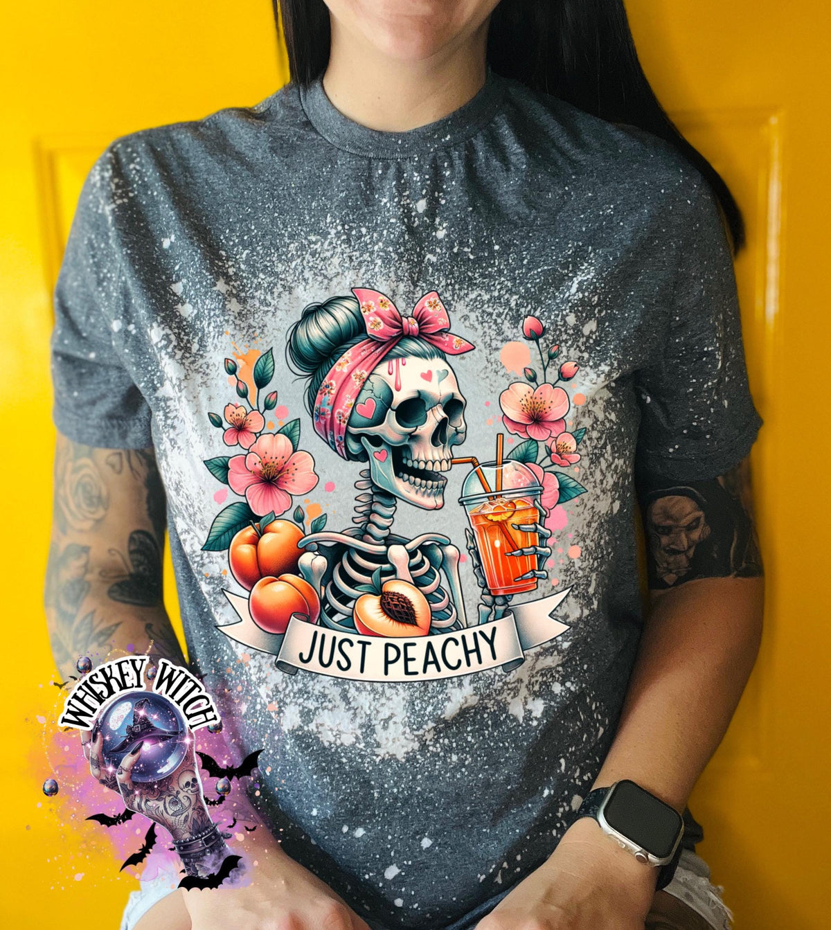 Just Peachy Skeleton Shirt, Hand Bleached Peach Tee, Spooky Cute Summer Graphic T-Shirt, Gildan Unisex
