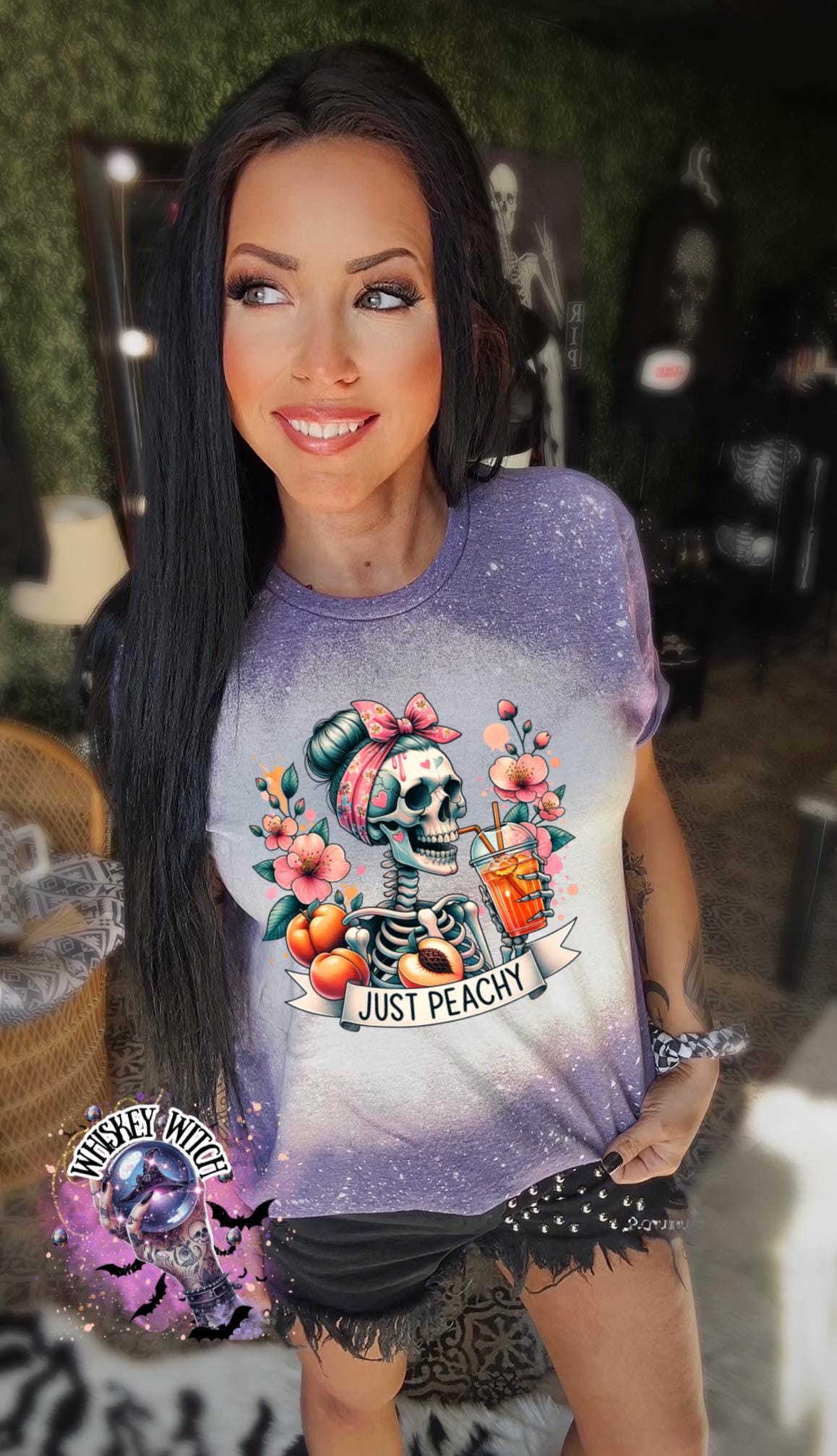 Just Peachy Skeleton Shirt, Hand Bleached Peach Tee, Spooky Cute Summer Graphic T-Shirt, Gildan Unisex