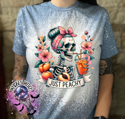 Just Peachy Skeleton Shirt, Hand Bleached Peach Tee, Spooky Cute Summer Graphic T-Shirt, Gildan Unisex