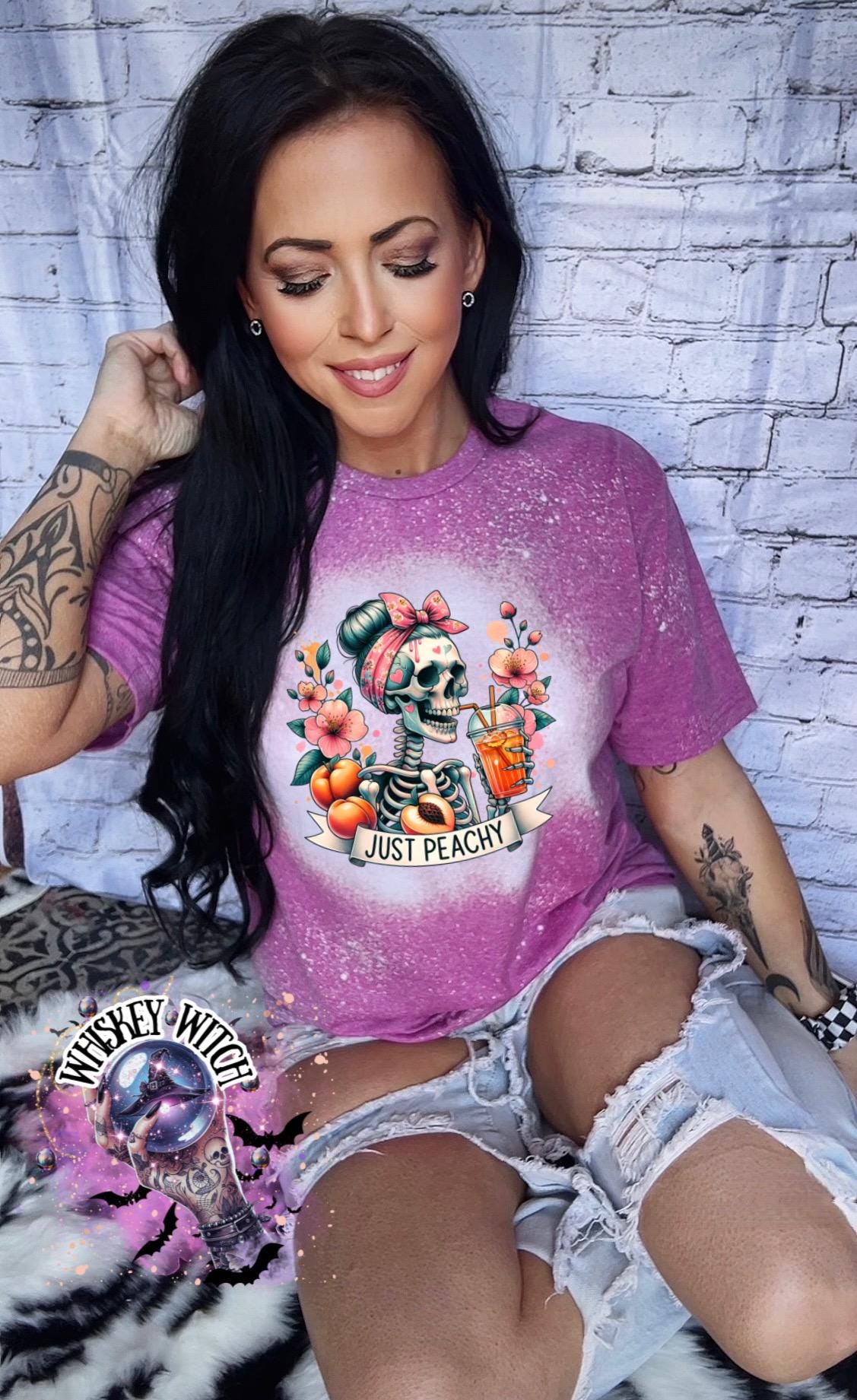 Just Peachy Skeleton Shirt, Hand Bleached Peach Tee, Spooky Cute Summer Graphic T-Shirt, Gildan Unisex
