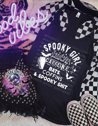 Spooky Girl Powered by Caffeine, Bats, Coffins Womens TankTop | cute summer shirt | Halloween | funny summer shirt | cute tank top