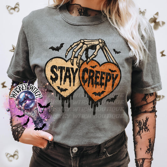 Stay Creepy Halloween Shirt | Gothic Horror Tee | Spooky Season Shirt | Skeleton Hand Heart Graphic Tee | Creepy Cute Aesthetic Top
