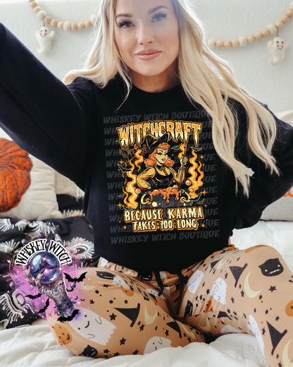 Witchcraft Because Karma Takes Too Long Halloween Shirt | cute shirt | cozy | retro | vintage | comfy | gift | handmade | spooky | cozy tee
