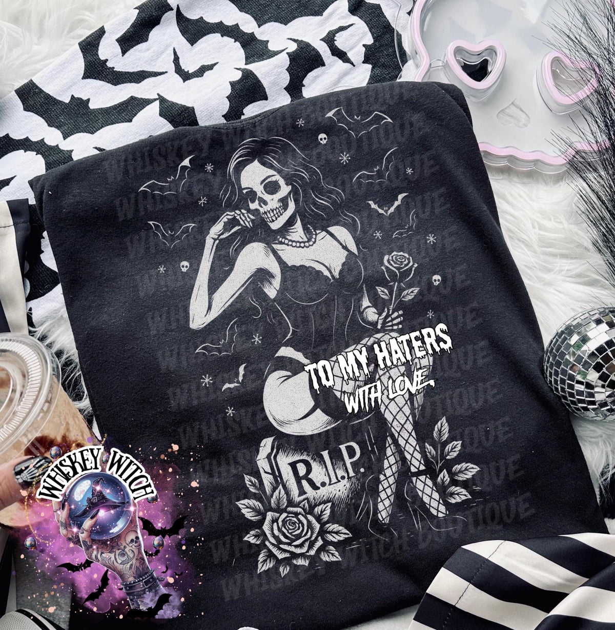 Black unisex sweatshirt with ‘To My Haters With Love’ pinup skeleton, roses and RIP gravestone