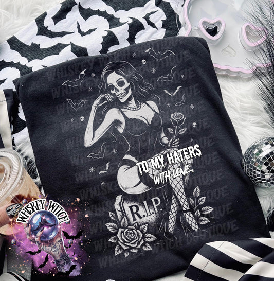 Black unisex sweatshirt with ‘To My Haters With Love’ pinup skeleton, roses and RIP gravestone