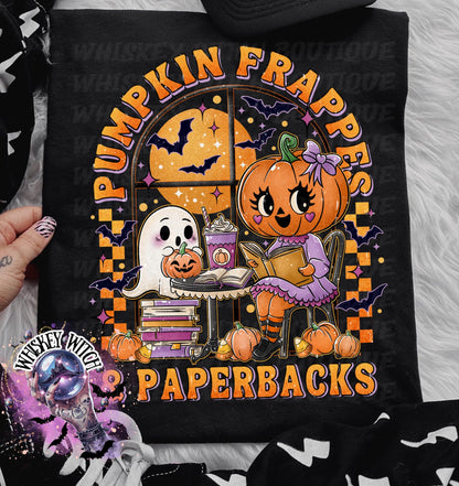 Pumpkin Frappes and Paperbacks Shirt | Cute Halloween Ghost & Pumpkin T-Shirt | Spooky Fall Coffee Book Lover Tee | Retro Autumn Graphic